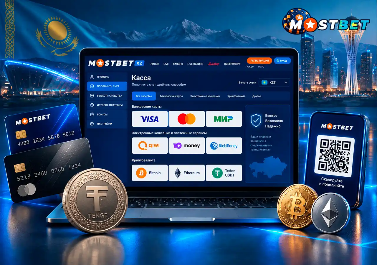 Пополнение счёта Mostbet в тенге банковскими и цифровыми способами.